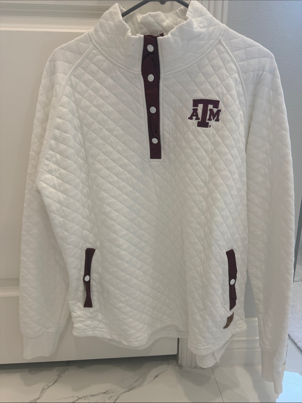 Aggie A&M game day White Quilted Pullover with Maroon Trim